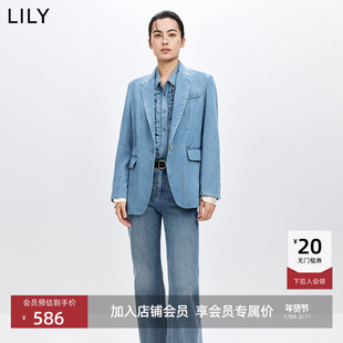 LILY2026春新款女装莱赛尔混纺复古廓形宽松休闲通勤蓝色西装外套