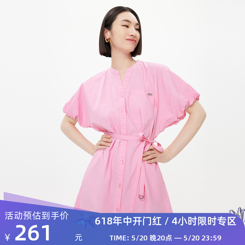 LILY2023夏新款女装舒适全棉气质纯色OVERSIZE长款宽松衬衫连衣裙