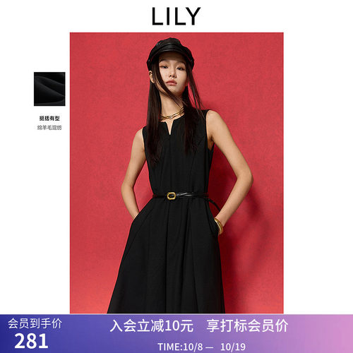 LILY春新款女装气质简约无袖收腰A字连衣裙小黑裙女