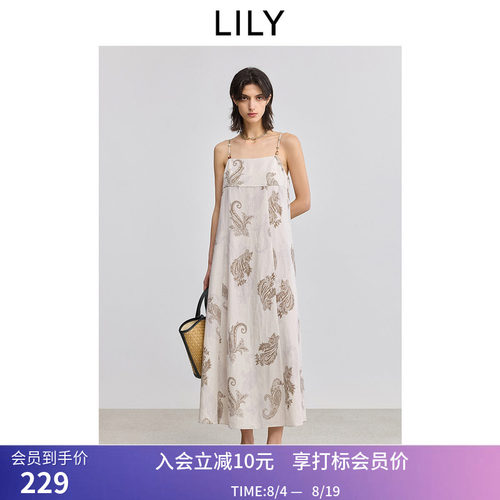 【商场同款】LILY夏新款女装莱赛尔亚麻印花一字领吊带连衣裙