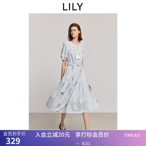 LILY夏新款法式浪漫蕾丝绣花条纹泡泡袖收腰蓝色A字连衣裙女