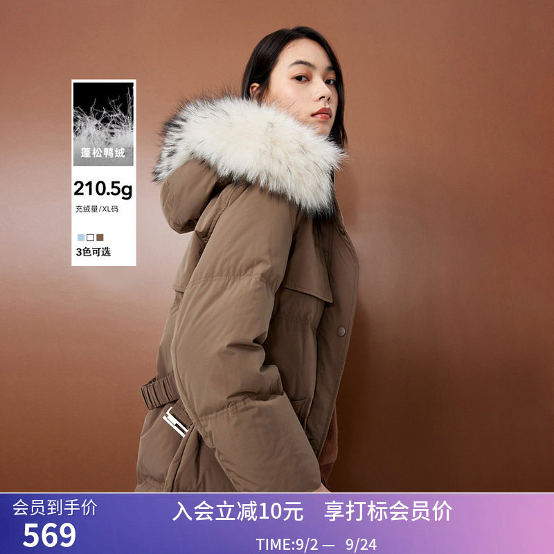 LILY冬新款女装保暖鸭绒貉子毛连帽时尚通勤长款羽绒服外套女