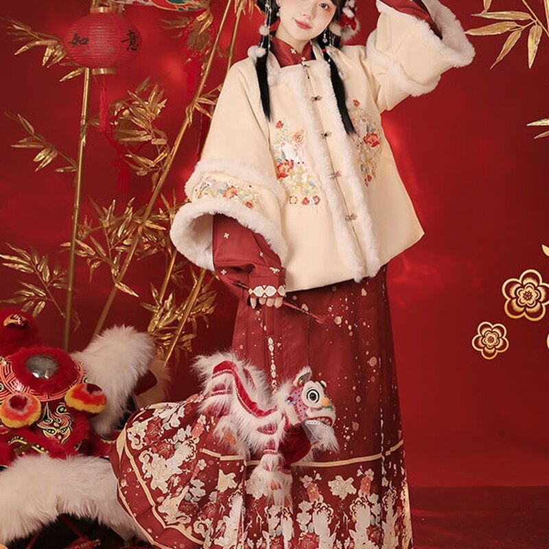 明制新年汉服女【玉兔】加绒刺绣方领短袄秋冬日常马面裙保暖套装,女装/女士精品,汉服半身裙,淘宝优惠券,粉丝福利购,淘宝优惠卷