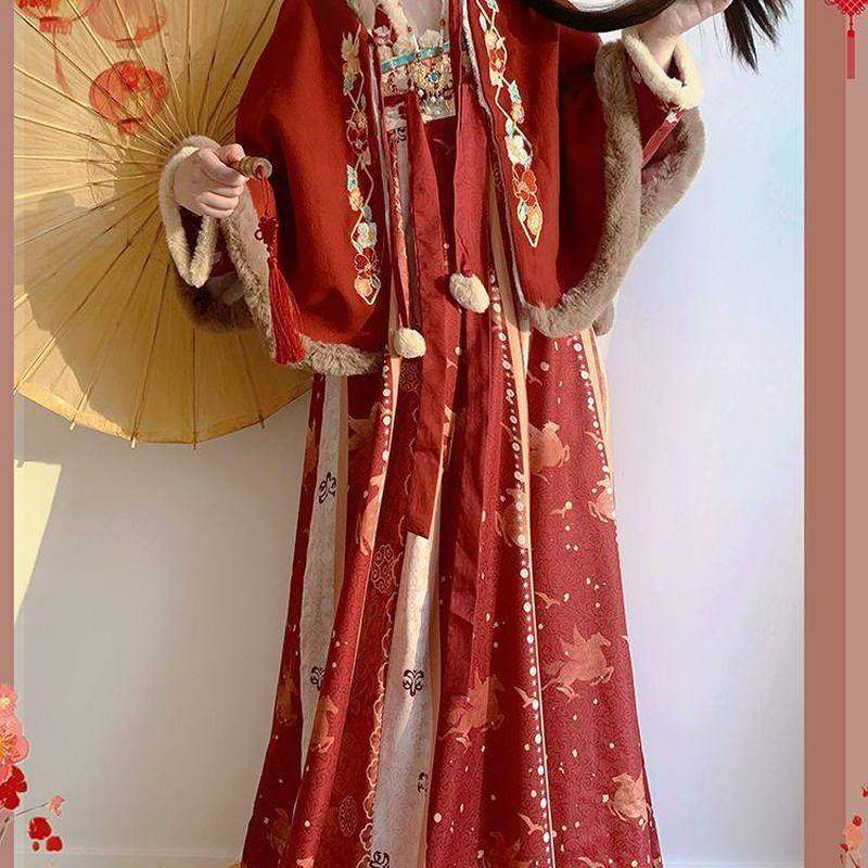 唐制改良汉服女加绒刺绣斗篷对襟衫齐胸裙襦汉元素中国风秋冬套装