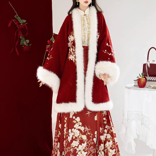 明制汉服女加绒加厚刺绣毛边长袄新年套装立领衫马面裙保暖短袄冬