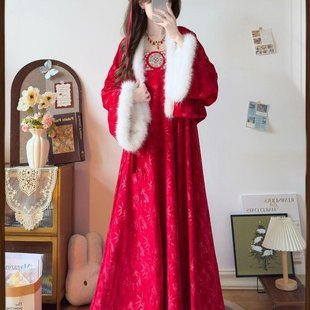 唐制改良汉服女秋冬款法门寺加绒披袄刺绣齐胸吊带裙学生成人套装