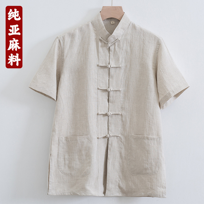 夏季亚麻料薄款短袖上衣盘扣衬衫