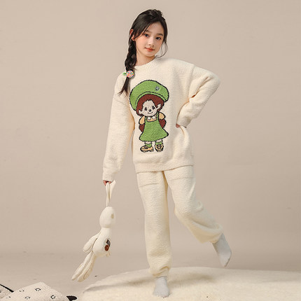 女童2024新款珊瑚绒家居服儿童女孩半边绒保暖秋冬款大童睡衣套装