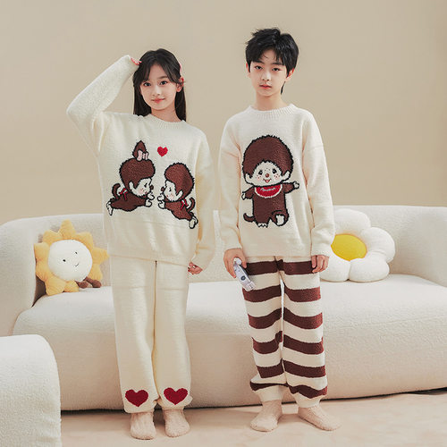家居服套装趣趣冬季萌小孩儿童睡衣厚款半边绒女童长袖卡通男童