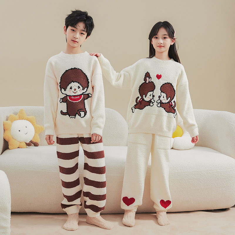 男童女童舒适保暖家居服中大童儿童半边绒睡衣睡裤女童秋冬款套装
