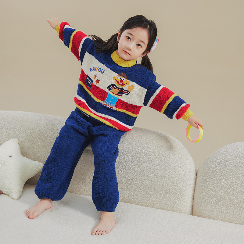 女童家居服套装冬季2025新款儿童半边绒珊瑚绒加厚小女孩保暖睡衣