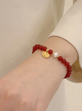 「吉祥如意」天然红玛瑙珍珠如意锁手链女马年本命年红色好运手串