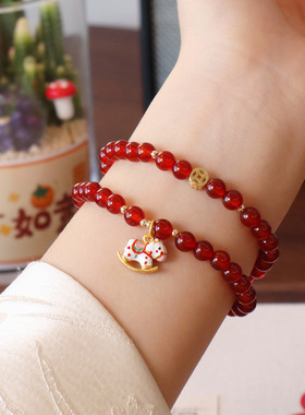 「朱樱瑞马」天然红玛瑙手链女招财转运珠本命年小马红色手串礼物