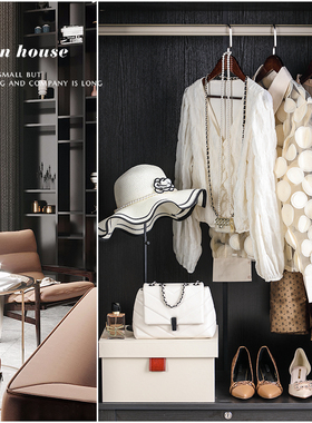 现代简约轻奢风女主人房样板间衣帽间衣服鞋帽子搭配组合软装饰品