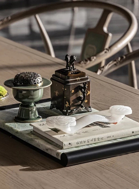 新中式茶室样板间桌面装饰禅意装饰品青瓷香炉白玉如意摆件陈设