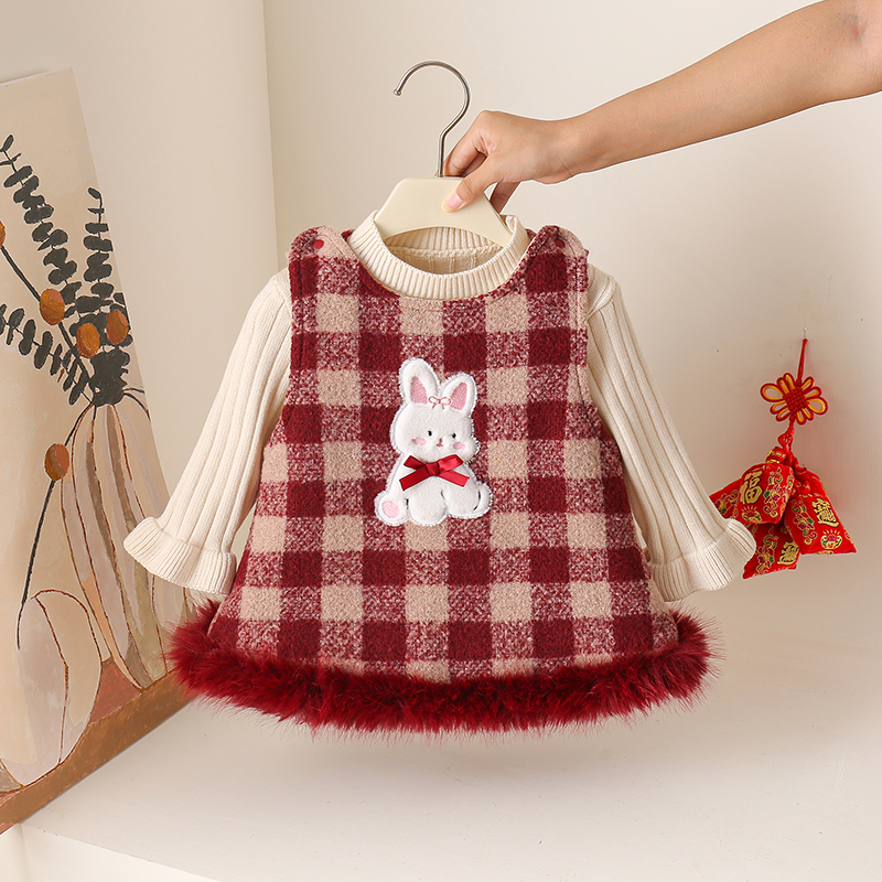 女宝宝秋冬加绒洋气套装新年衣服背心裙2025款毛衣加厚保暖两件套