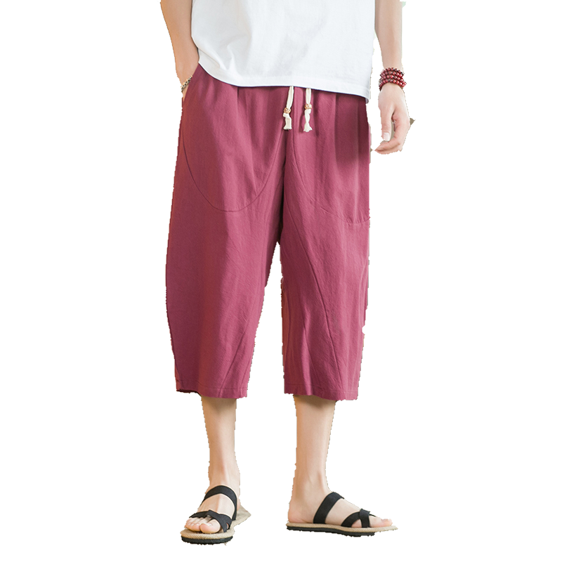 廣州十三行純棉男士七分褲男夏季薄款潮牌寬松休閑運(yùn)動(dòng)棉麻短褲子