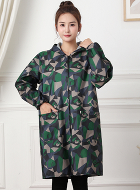 时尚罩衣大人防水女上衣工作服家用厨房防油围裙长袖外套薄款绿色