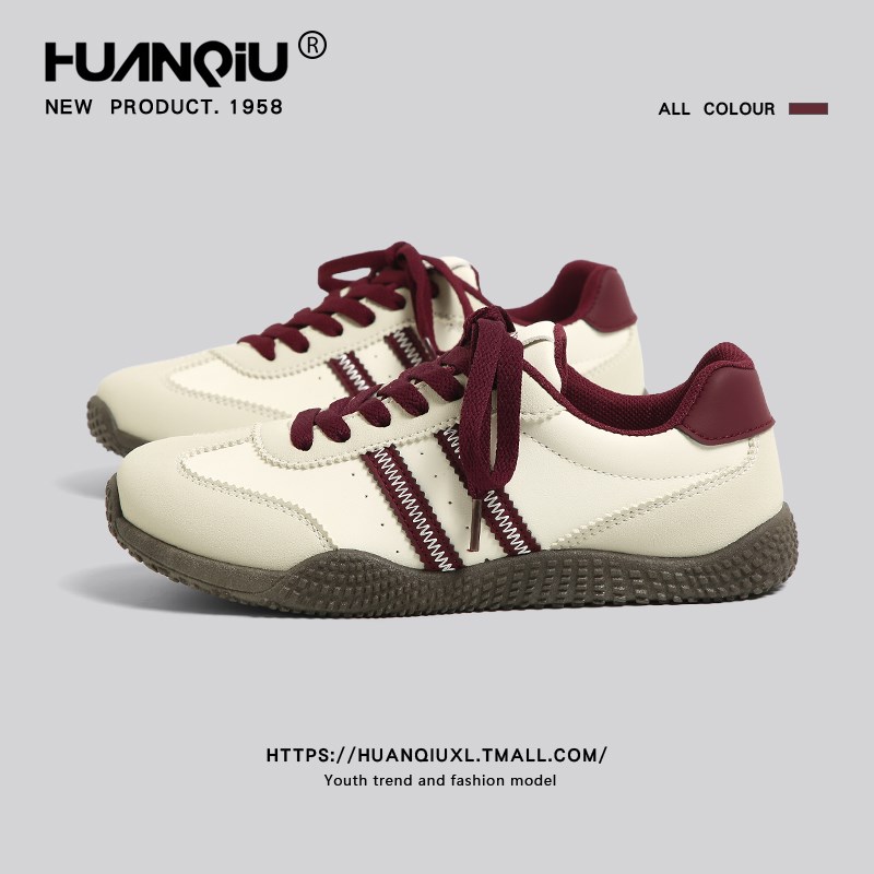 环球酒红色德训鞋女2024新款y冬季复古小众休闲鞋百搭平底丑萌板