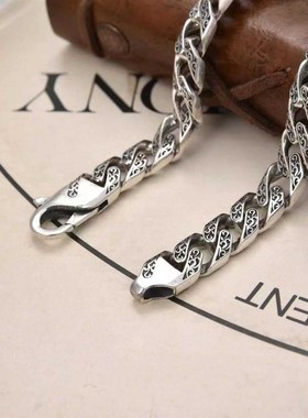 古巴方块钻c石手炼男士覆古泰式银小众个性化时尚唐草图案男孩手