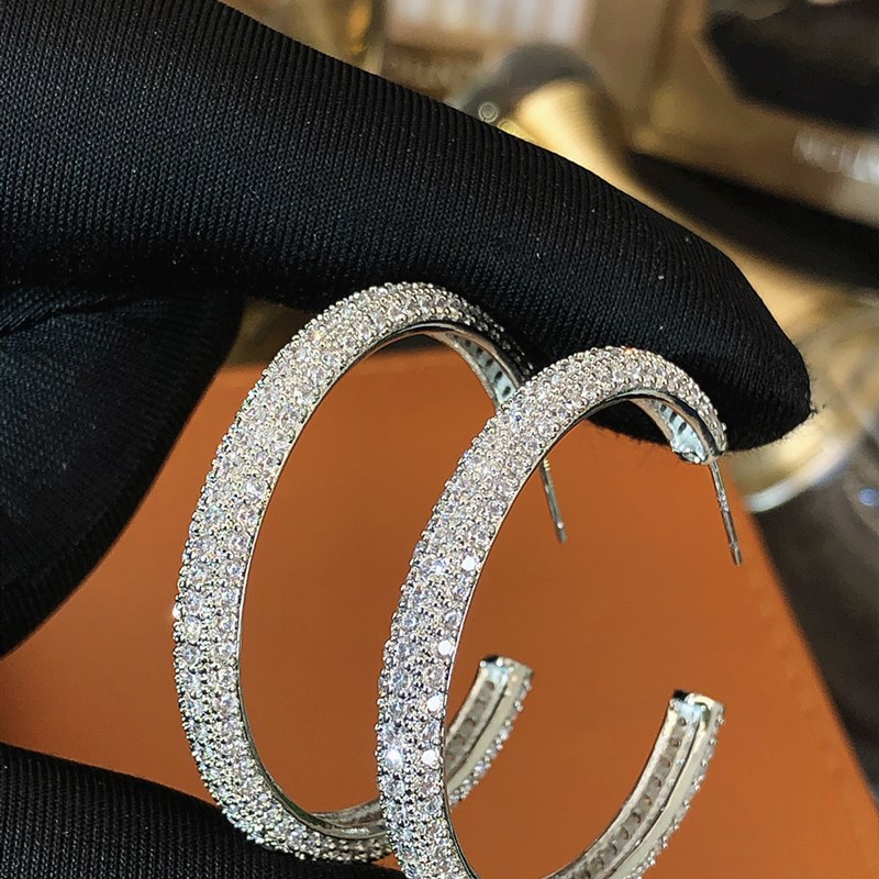 S925银针欧美风网红HOOP镶钻锆石大圆K圈个性夸张简约耳环潮耳圈