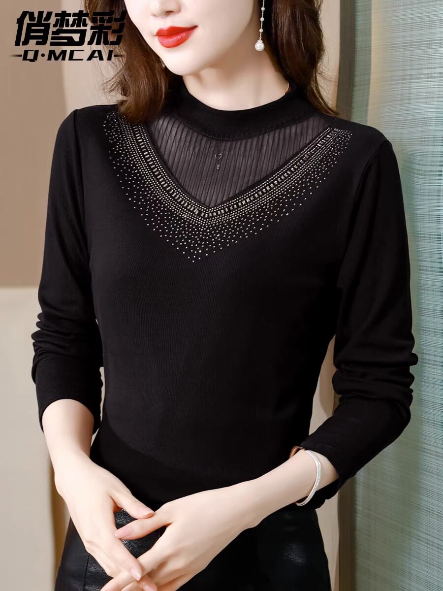 여성용 대형 보온 속옷에 벨벳을 더해 가을과 겨울 아우터웨어로 두껍게 만든 다용도 고급 메쉬 바닥 셔츠와 레이스 탑