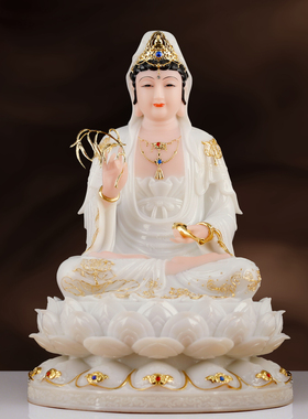 汉白玉观音菩萨家用坐莲摆件