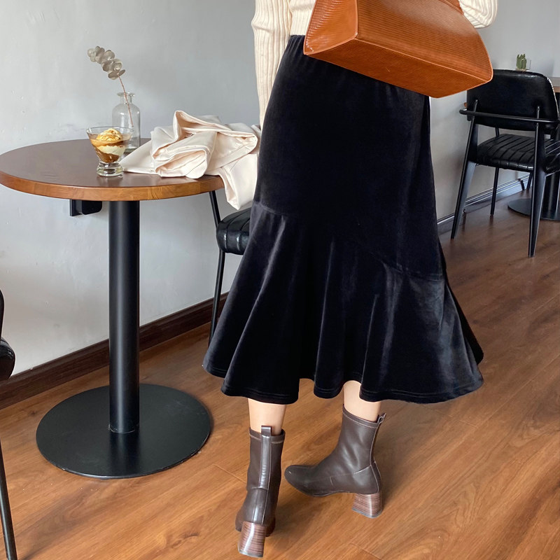 趣笙秋冬女士半身裙鱼尾裙a字裙包臀裙高腰金丝绒黑色中长款长裙