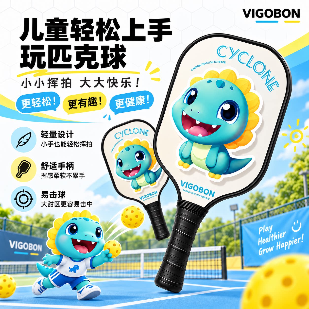 儿童匹克球拍玻璃纤维小学生初学者亲子匹克球套装pickleball送球