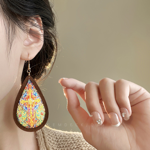巴黎圣母院复古文艺教堂花窗彩印耳环民族风耳饰小众高级耳钩耳钉