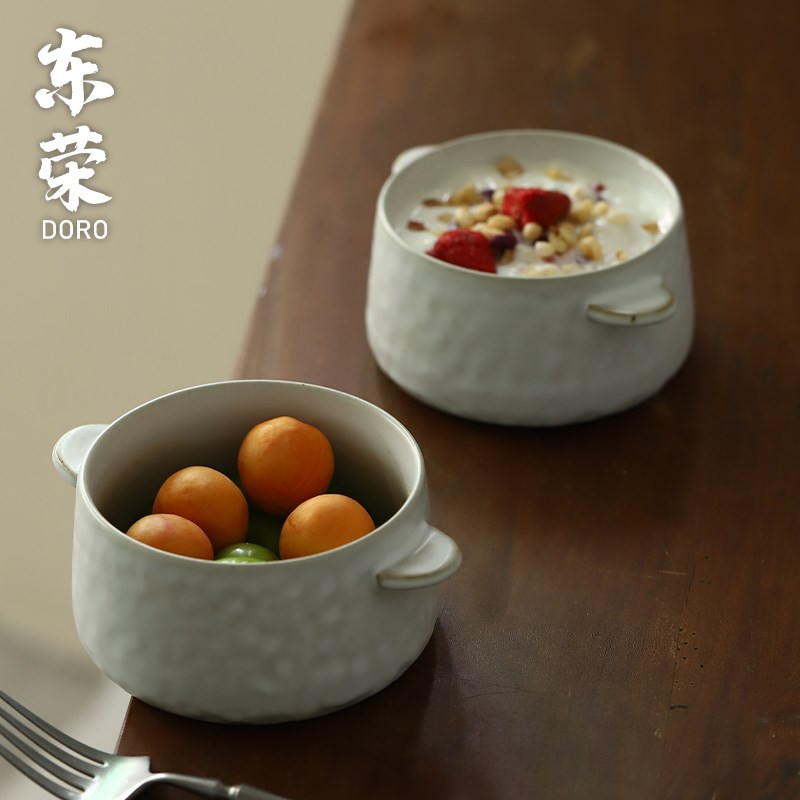 东荣陶瓷家用日i式粗陶双耳碗水果沙拉碗面碗复古蒸蛋碗防烫甜品