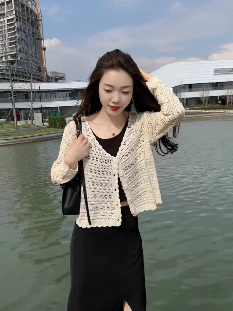 镂空针织短外套女春夏长袖披肩防C晒衫空调衫吊带连衣裙外搭薄开