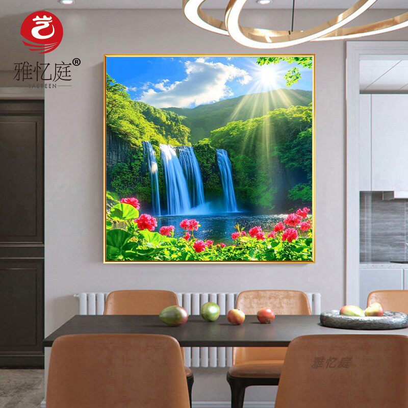 现代简约青山绿水山水风景装饰画饭厅挂画流水生财走廊楼梯间壁画