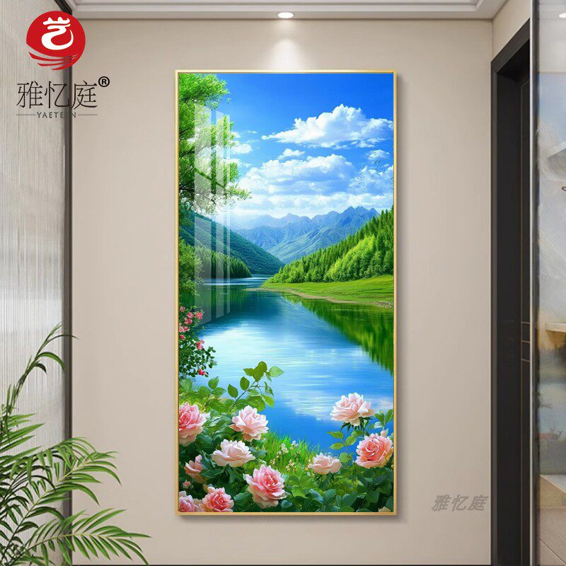 现代简约入户玄关装饰画 画绿色山水田园风景壁画 画河流树木走廊
