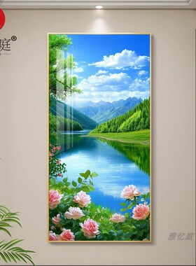 现代简约入户玄关装饰画 画绿色山水田园风景壁画 画河流树木走廊