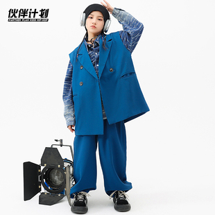 少儿架子鼓元 旦表演出服装 套装 hiphop街舞儿童潮服男女童牛仔衬衫