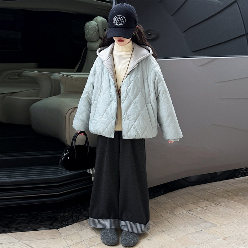 女童加绒加厚假两件连帽棉服