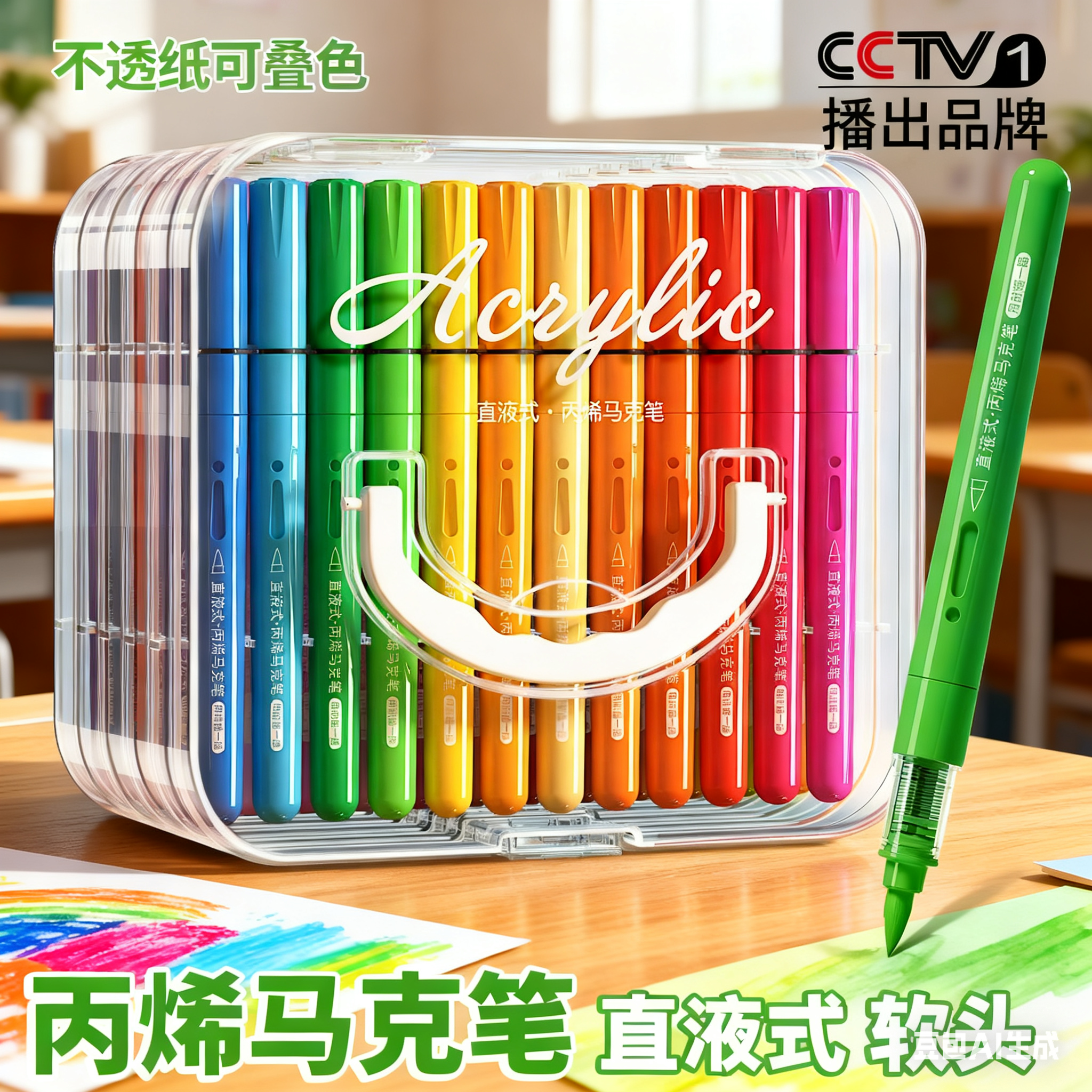 直液式软头水彩笔丙烯马克笔儿童可水洗小学生美术专用笔幼儿园不透色可叠色24色彩色绘画笔36色水性涂鸦画笔