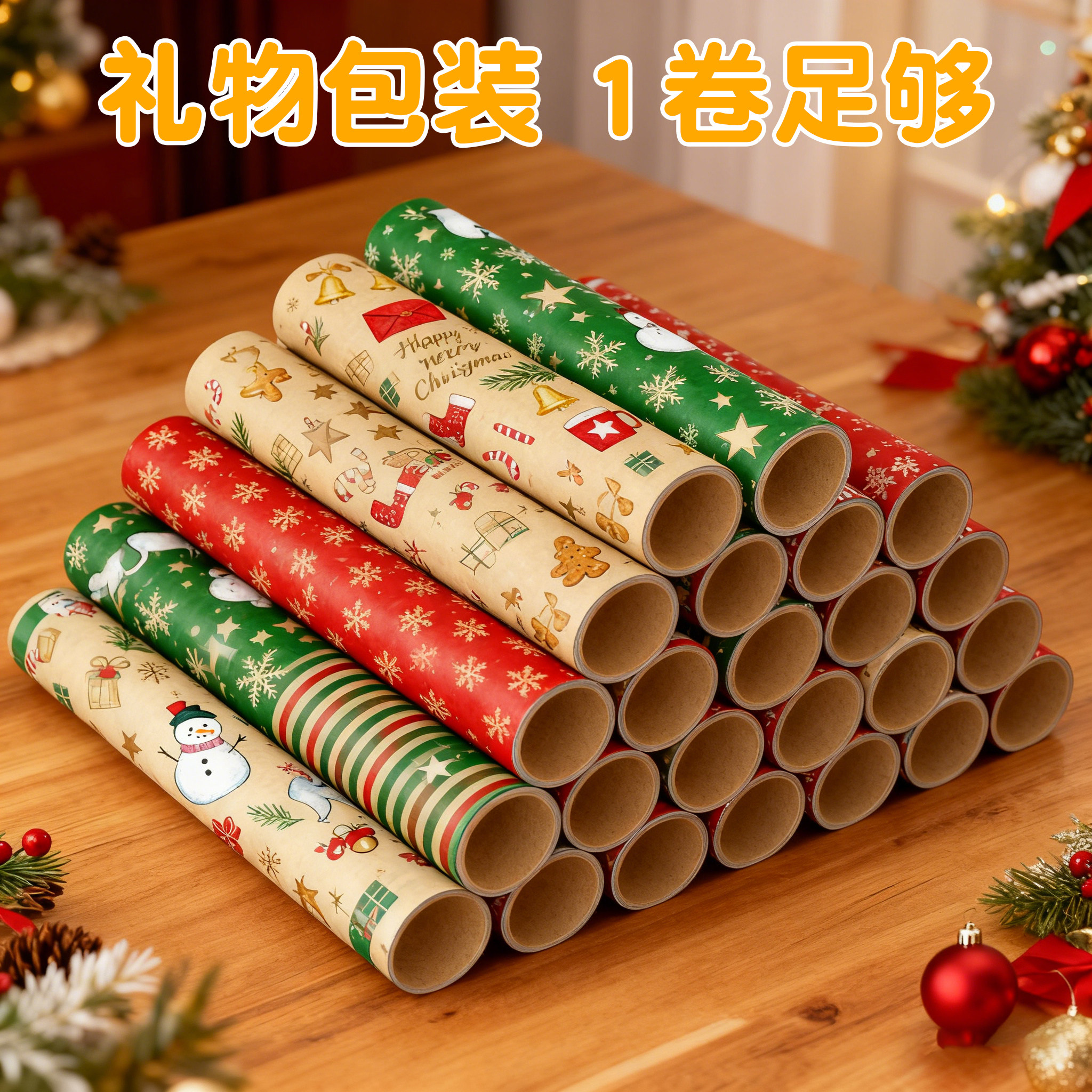 圣诞节礼物包装纸牛皮纸生日礼品纸高级感超大尺寸礼盒纸男生加丝带儿童可爱复古红色打包材料彩纸花纸包书纸