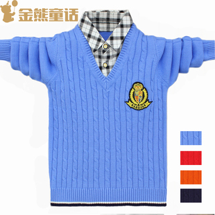 男童薄款毛衣春秋装新品红色中大童衬衫领假两件纯棉打底针织衫潮