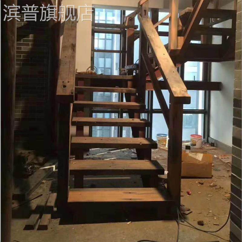 简站老船木木料木板户外防水民宿装板修楼梯踏步面实木扶手楼梯