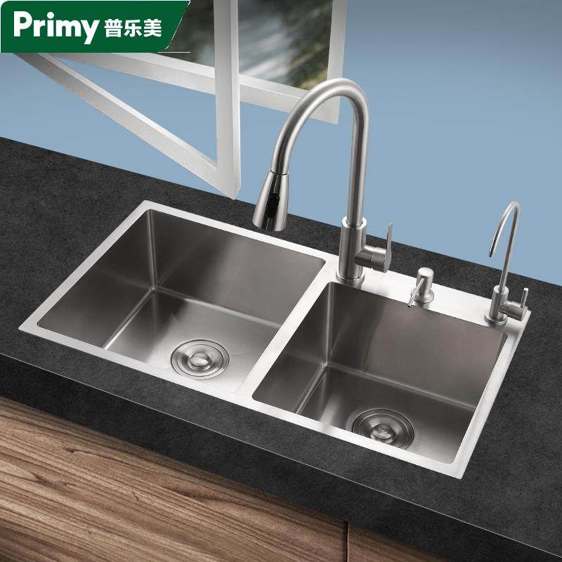 普乐美水槽双槽304不锈钢厨房洗菜盆家用淘菜手工盆水池洗碗槽