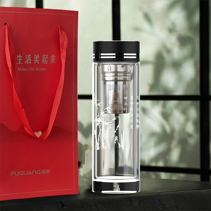 竹兰梅菊雕刻定制中式国风高档富光双层水晶泡茶杯礼品个性水杯
