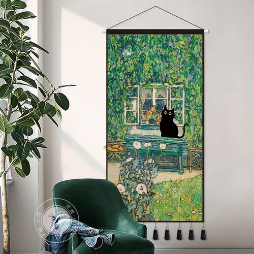 当黑猫闯b进名画布艺挂画搞怪艺术油画挂毯客厅装饰墙布背景布挂