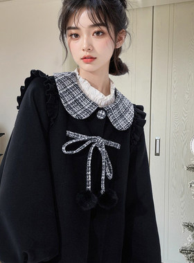 黑色娃娃领毛呢外套女秋冬可爱短款呢大衣百搭半裙甜美气质两件套
