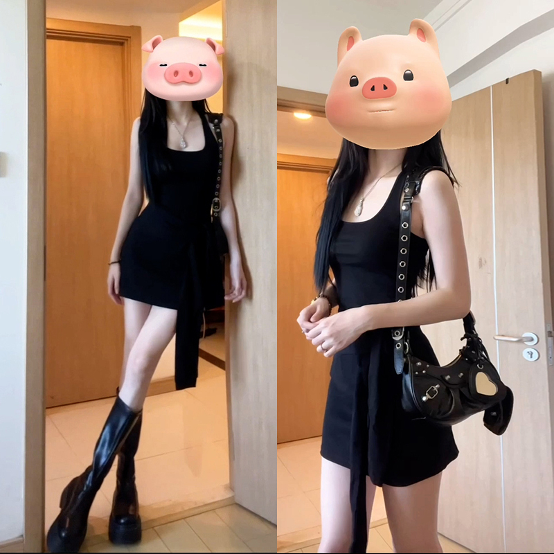 2025新款夏季黑色无袖背心连衣裙子女装高级感小个子吊带包臀短裙