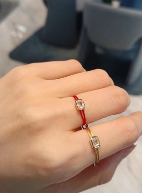 何家原厂925纯银迷你方糖红绳戒指伸缩可调节新年叠戴小众尾指