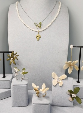 何家原厂925纯银金叶子珍珠项链轻奢高级感气质小蝴蝶戒指耳环