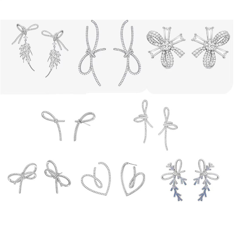 何家爱心丝带蝴蝶结初雪冰晶耳环纯银925纯银婚礼系列飘带耳钉