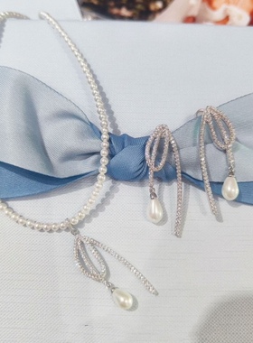 何家原厂925纯银优雅水滴玫瑰项链耳环珍珠锁骨链轻奢高级感女